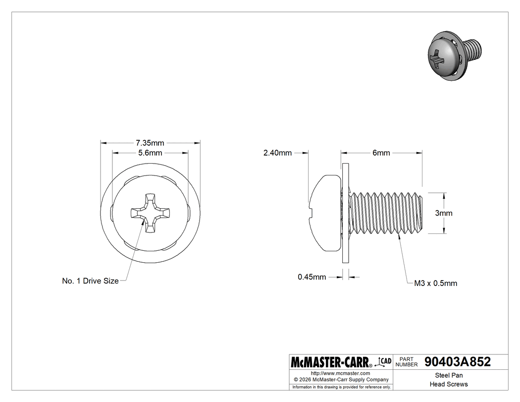 Technical Drawing of Steel Pan Head Screws, Internal-Tooth Lock Washer, M3 x 0.5mm Thread, 6mm Long.